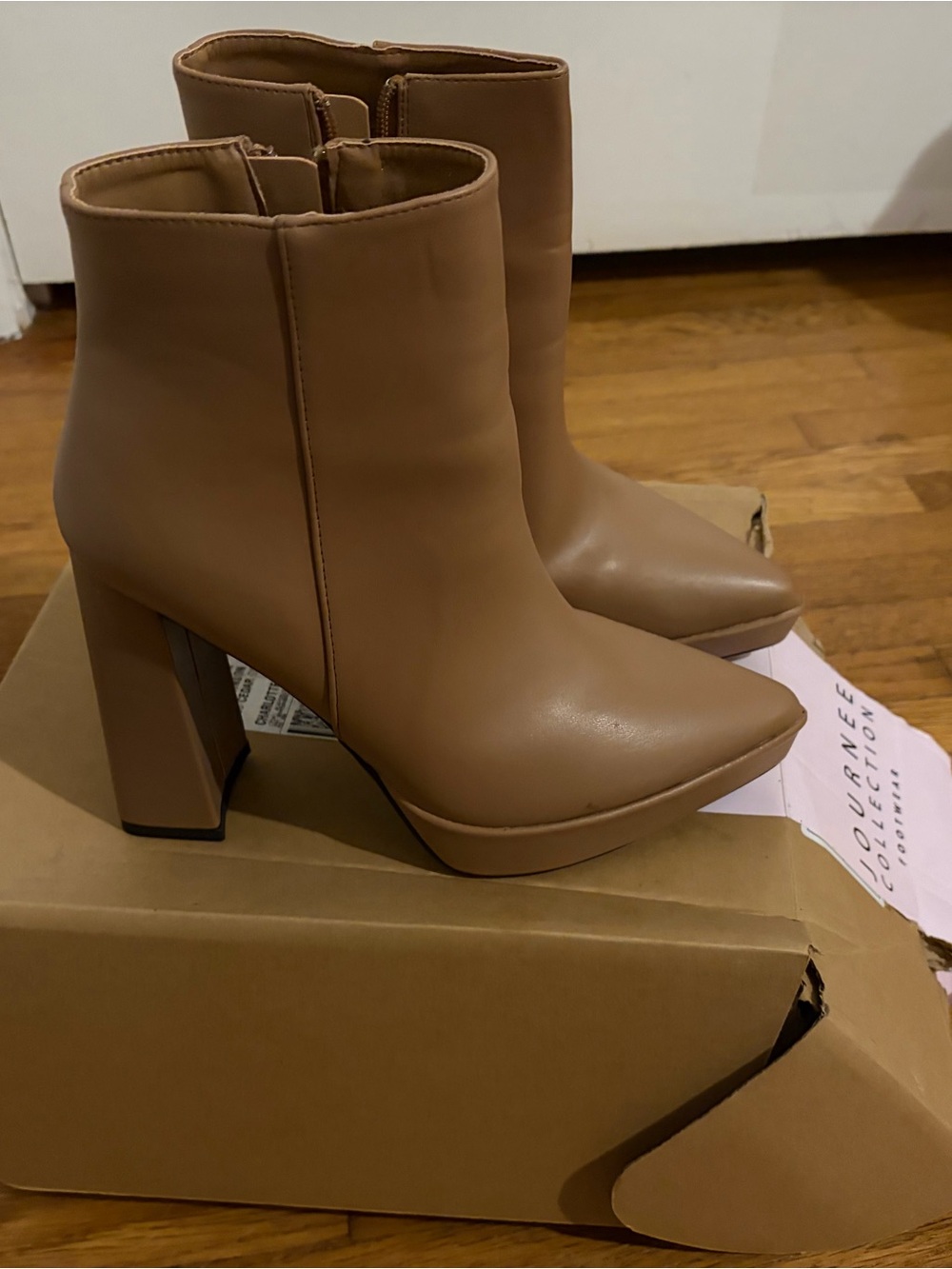 Journee Collection Tan Pointed Toe Block Heel Ankle Boots